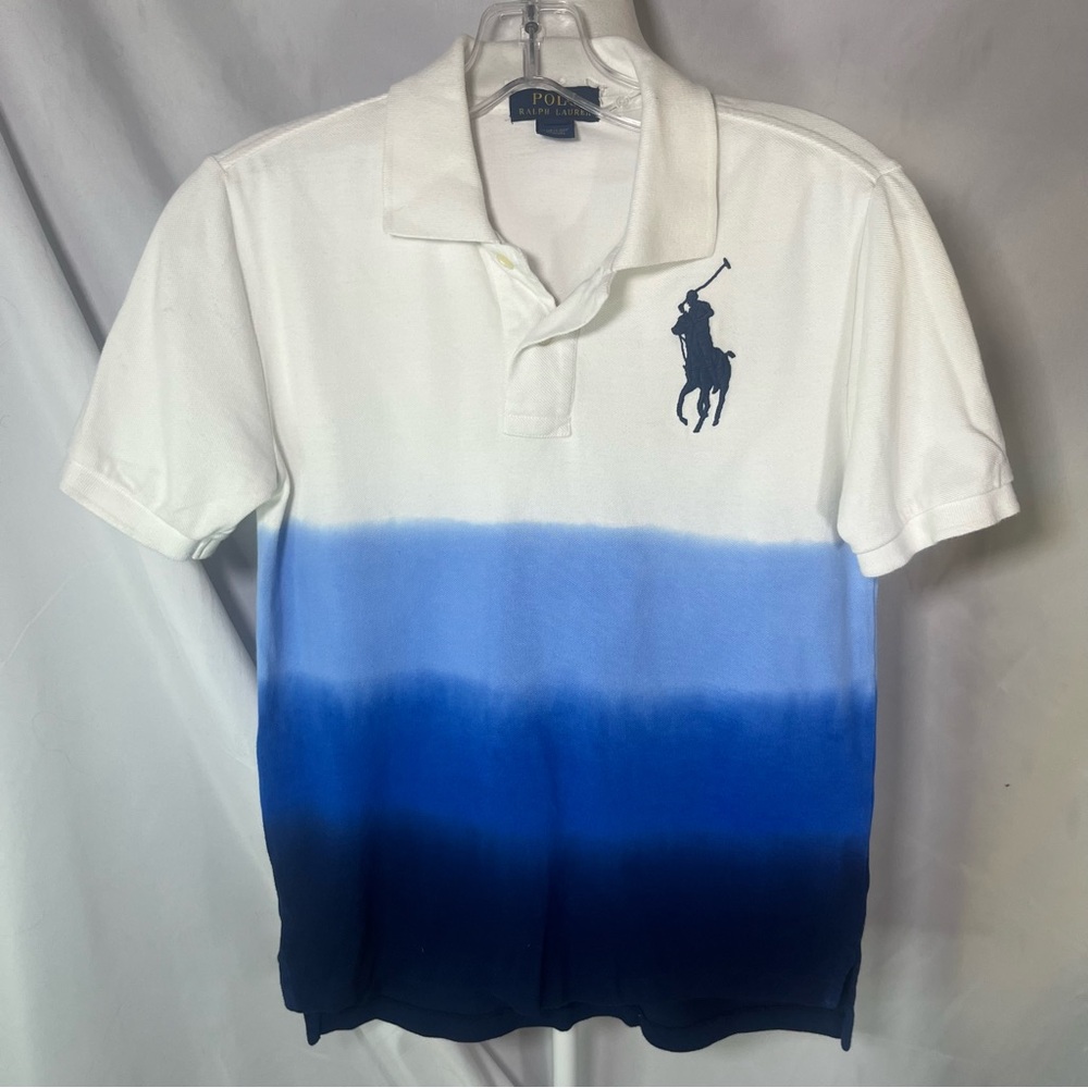Polo Ralph Lauren Kids Dip‎ Dyed Ombre Pique Polo Shirt White & Blue Sz M (8-10)